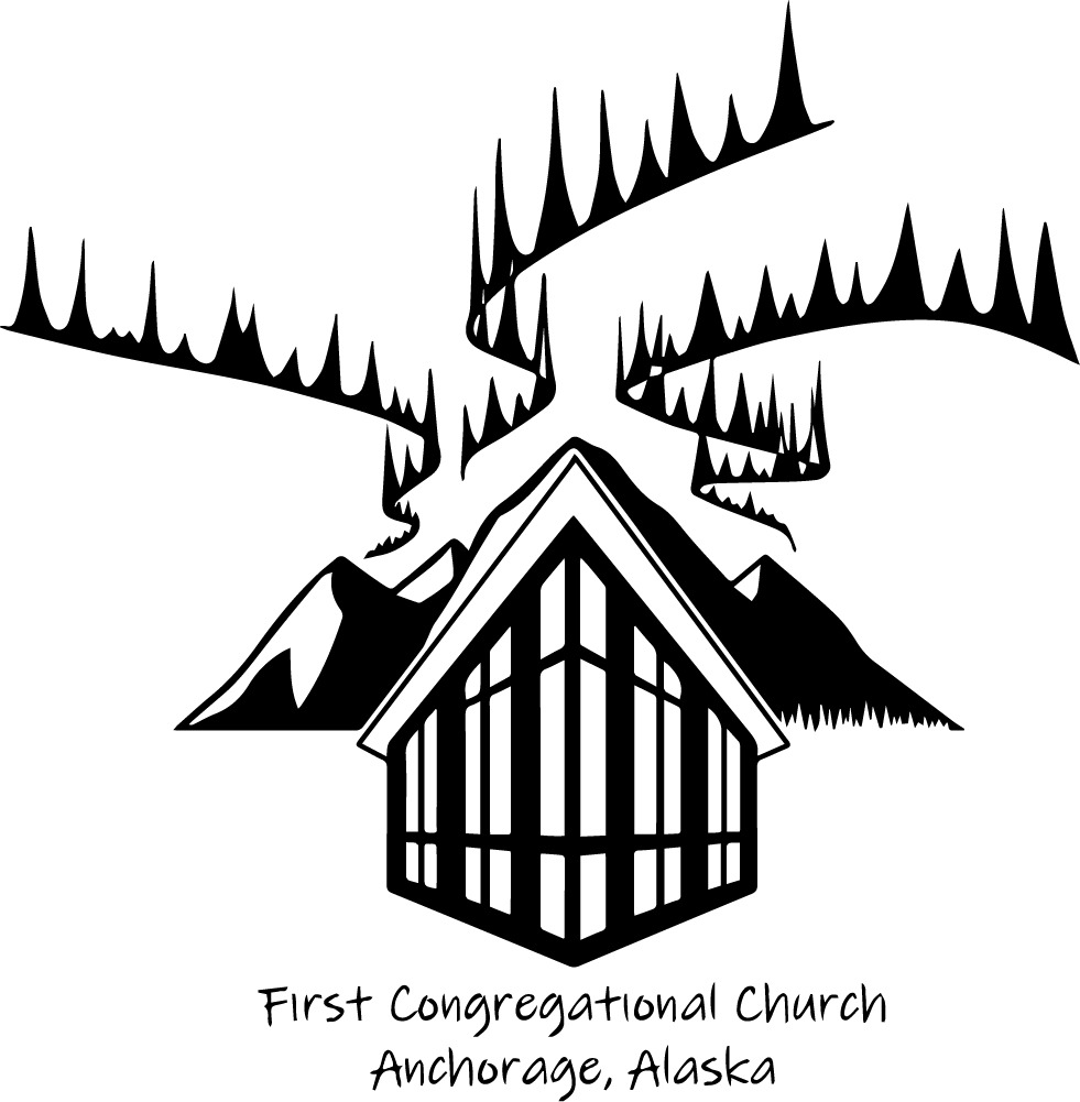 First Congregational Church Logo: Mountains, northern lights, and church building